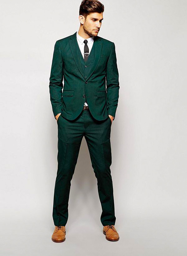 Green three-piece suit, white dress shirt, black tie, brown brogue shoes outfit
