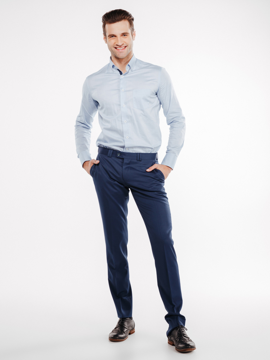 Blue Trousers Matching Color Guide | Blue trousers, Blue trousers outfit, Blue  trousers outfit men