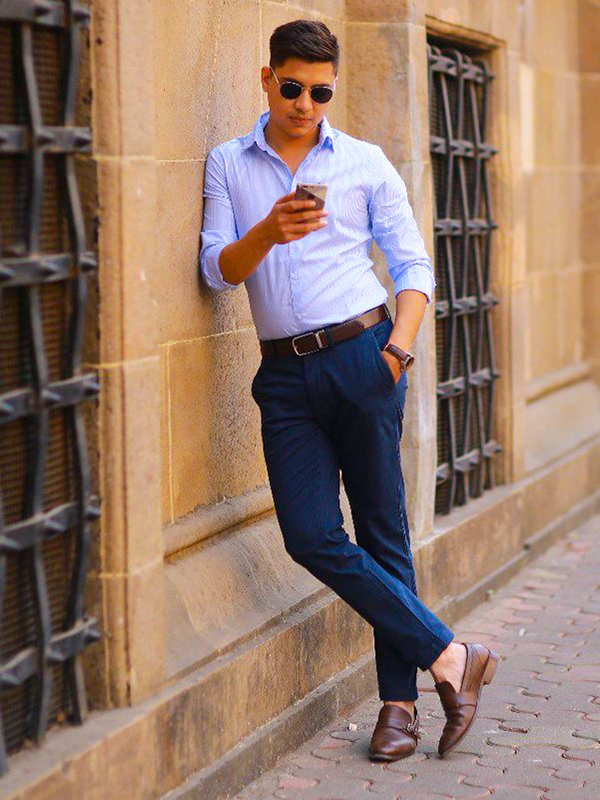 Light blue shirt, navy pants, brown shoes outfit