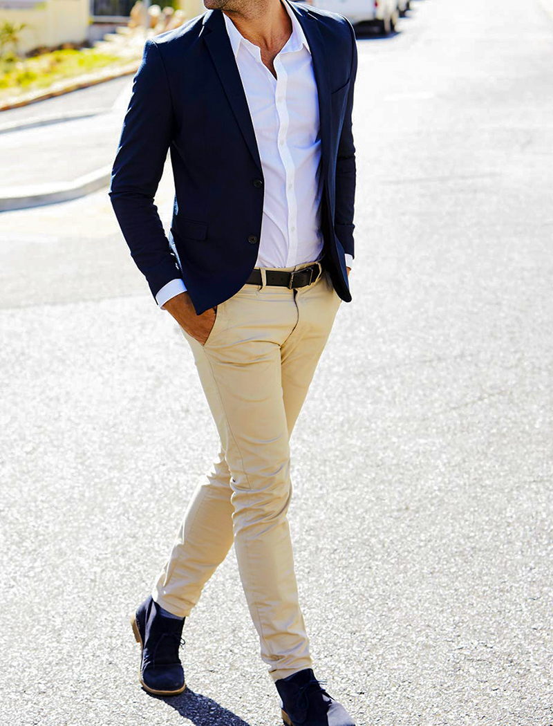 Navy blazer, white dress shirt, stone chinos, navy suede derby boots outfit