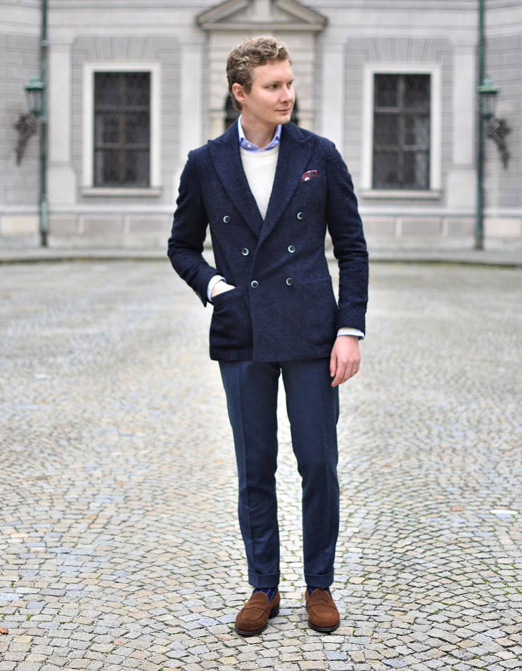 Navy double-breasted wool blazer, navy dress slacks, dress shirt, and brown suede loafers outfit