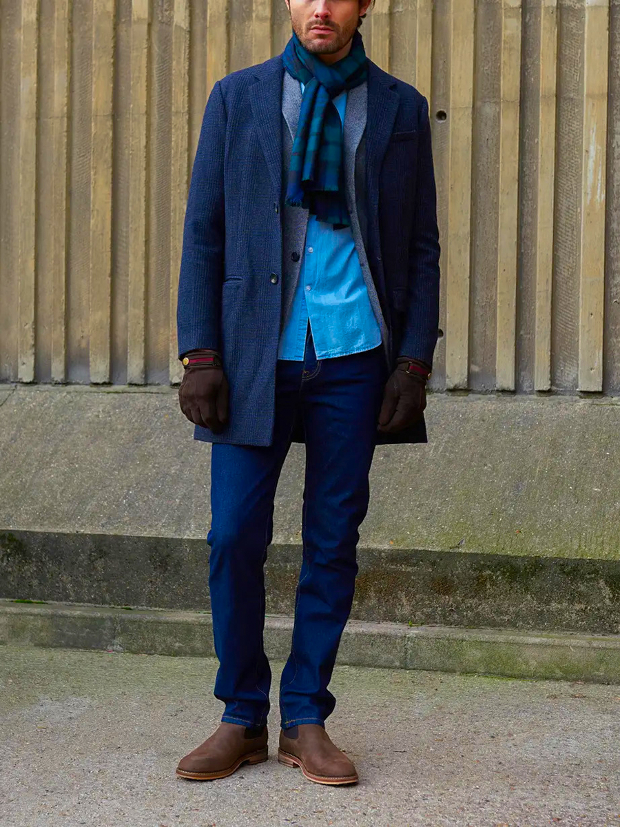 Navy overcoat, gray quilted blazer, dark blue jeans, brown suede Chelsea boots outfit