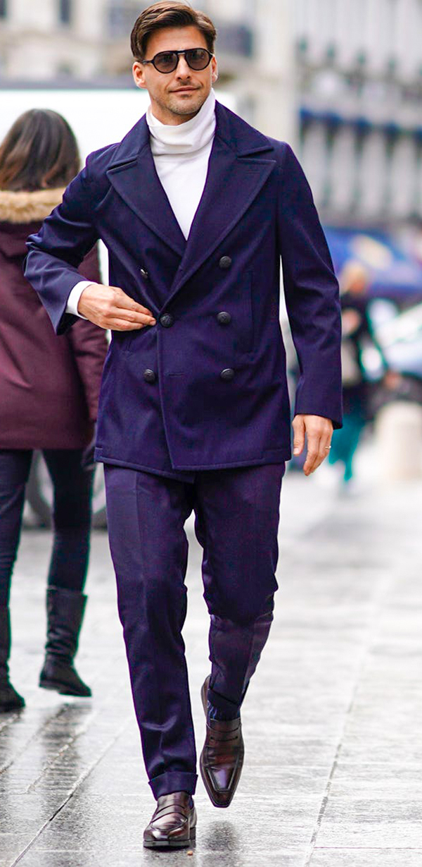 Navy pea coat, white turtleneck, dress pants, and penny loafers outfit