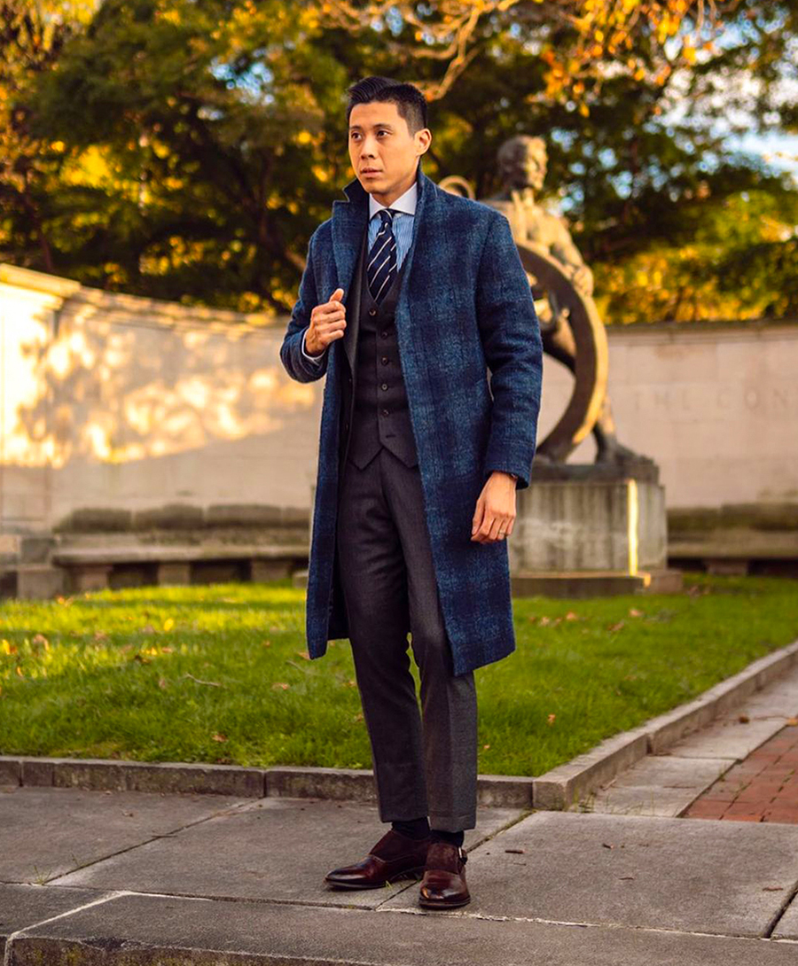 Navy plaid overcoat, three-piece brown suit, blue shirt, and monks outfit