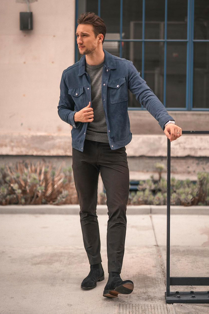 Navy suede shirt jacket, grey t-shirt, dark brown chinos, and black suede Chelsea boots outfit