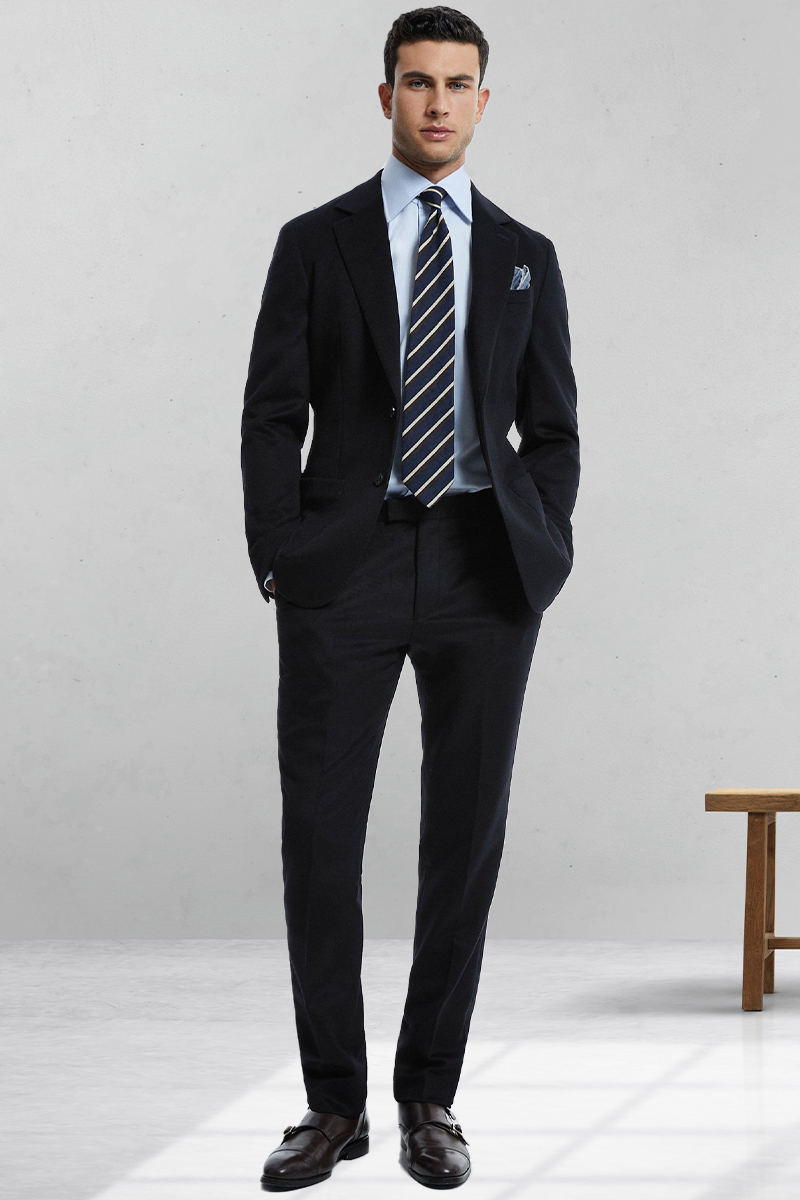 Navy suit, light blue dress shirt, navy striped tie, and dark brown monk strap shoes outfit