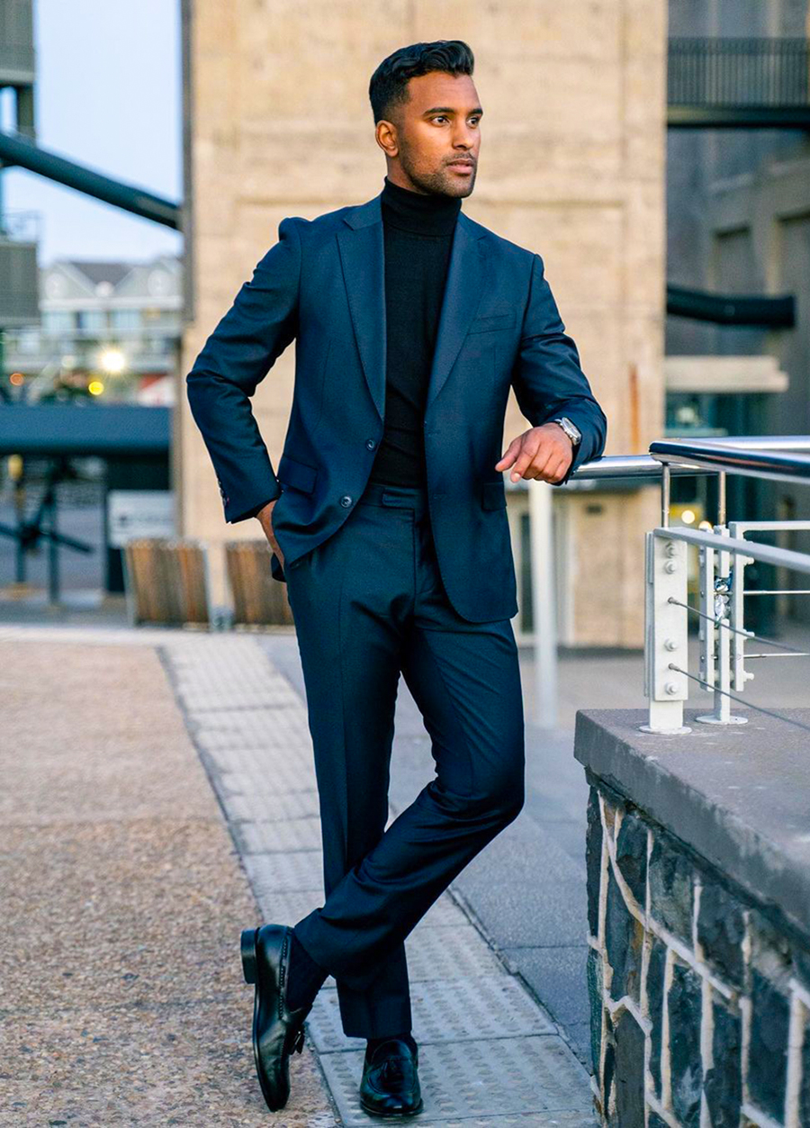 Navy suit with turtleneck and loafers outfit