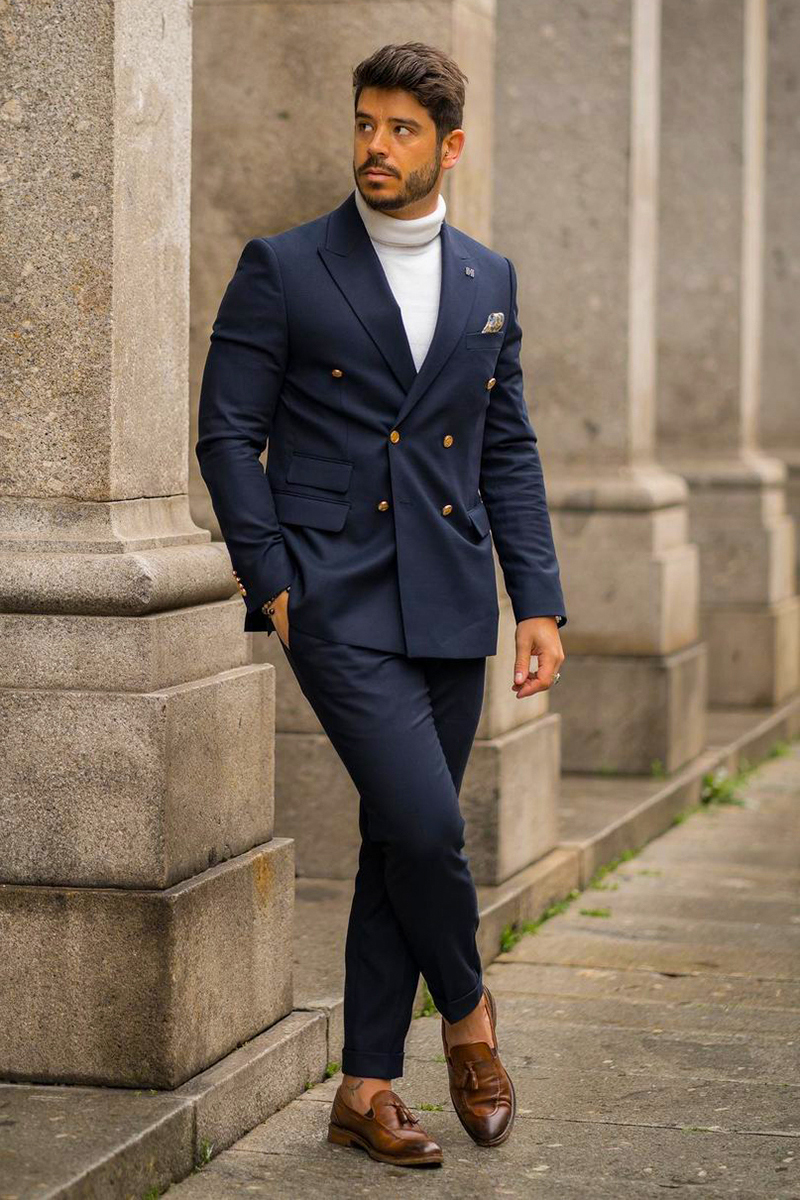 Navy double-breasted jacket with white turtleneck and tassel loafers outfit