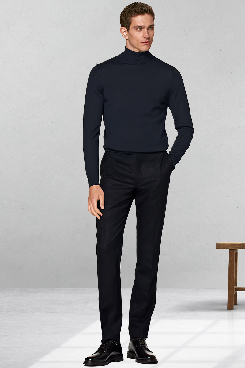 Navy turtleneck, navy dress pants, and black derby shoes outfit