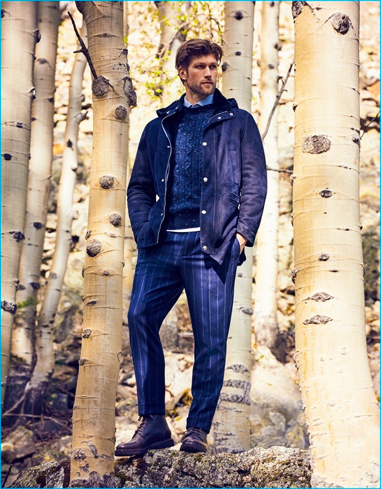 Navy wool parka, cable sweater, dress shirt, and boots outfit