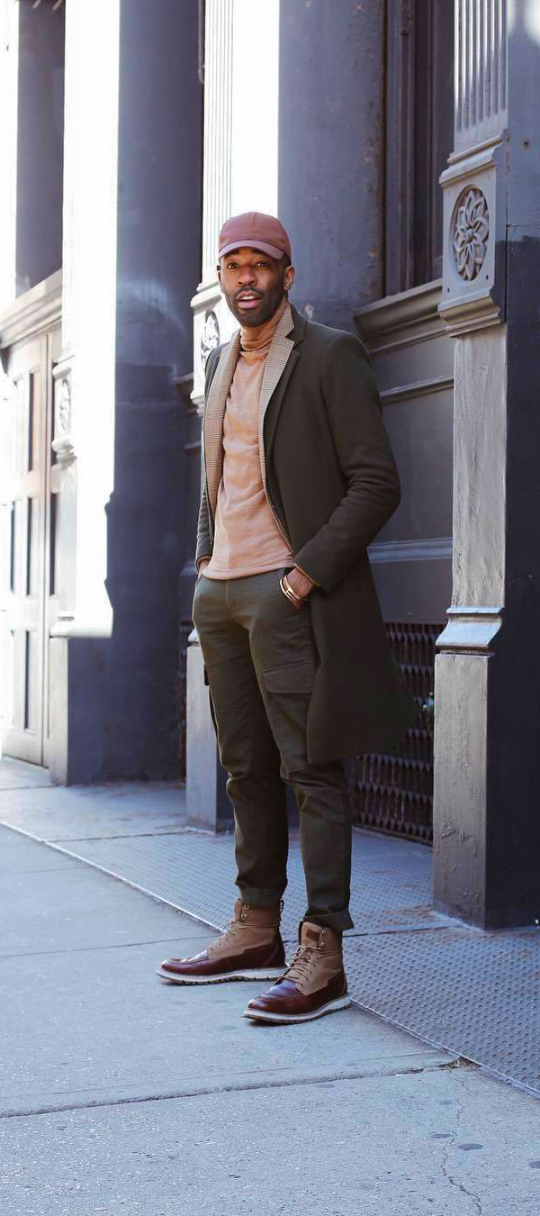Overcoat, blazer, turtleneck, cargo pants, tan leather casual boots outfit