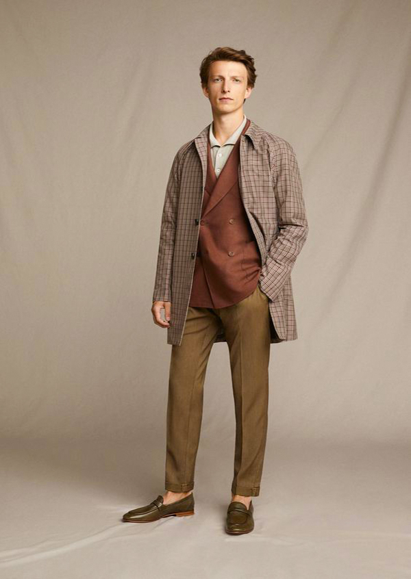 Overcoat, double-breasted blazer, polo, shoes outfit