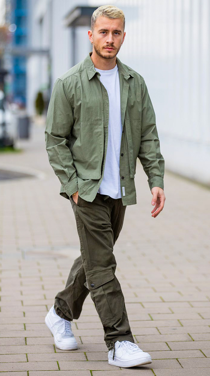 Overshirt, cargo pants, white trainers outfit