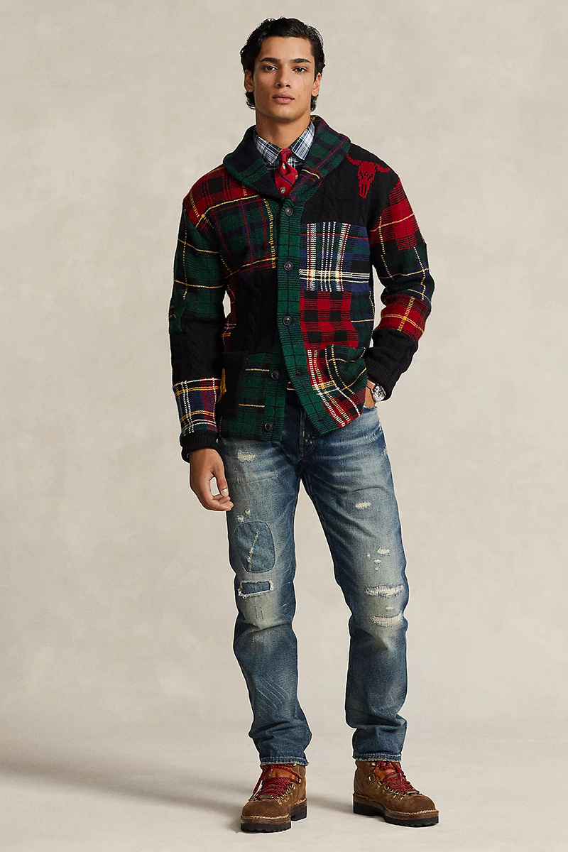 Patchwork tartan cardigan, blue jeans, and brown rugged boots outfit