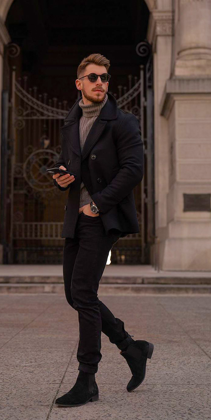 Pea coat, turtleneck, and black jeans outfit