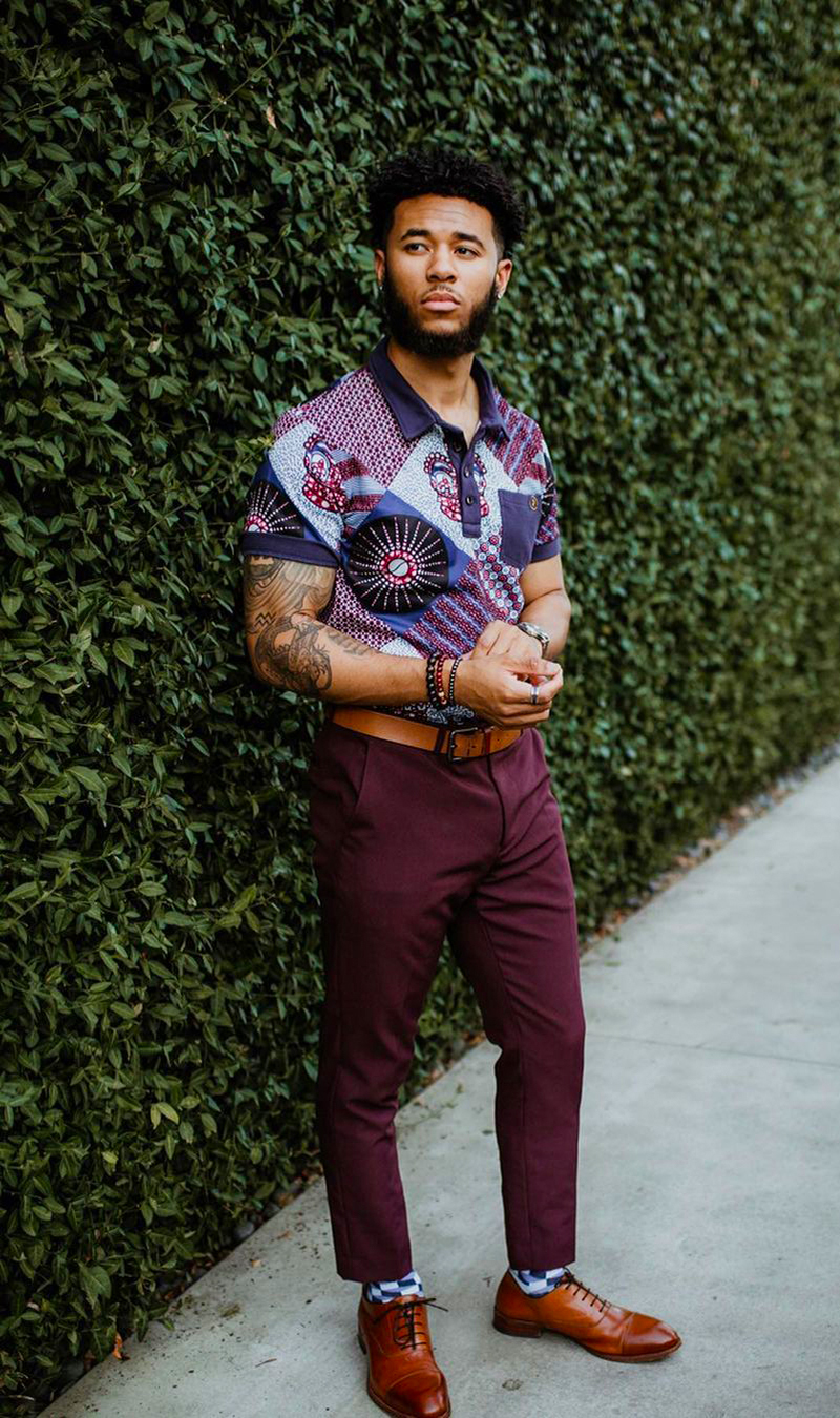 Polo burgundy chino dress pants, multi-colored shirt, and oxford shoes outfit