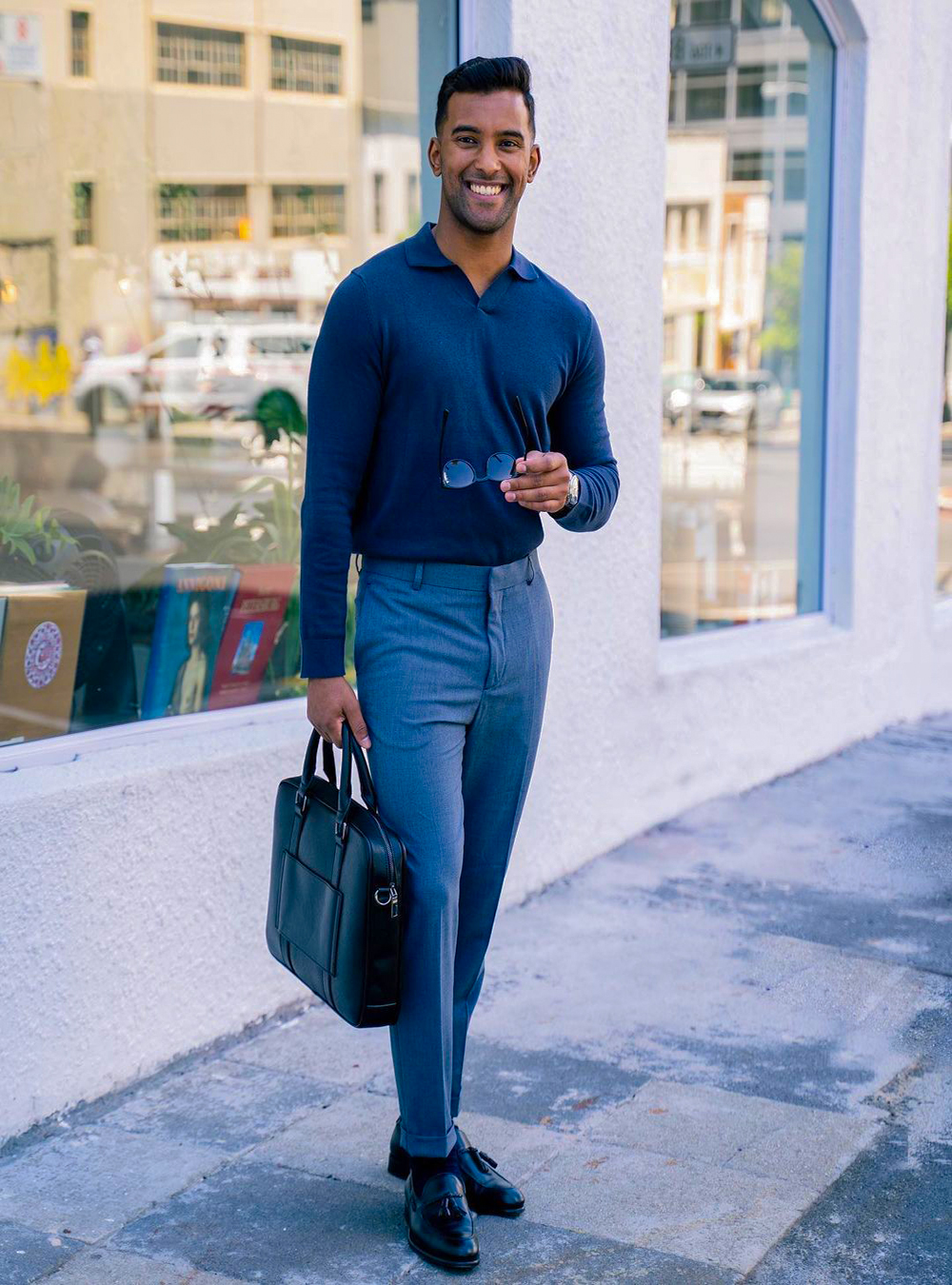 Polo neck sweater, dress pants, tassel loafers outfit