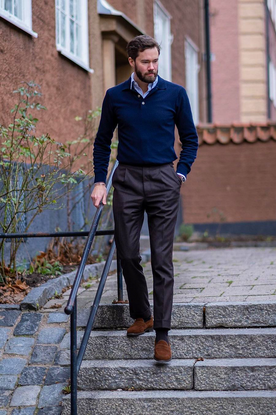 Polo neck sweater, dress shirt, dress pants, and loafers outfit
