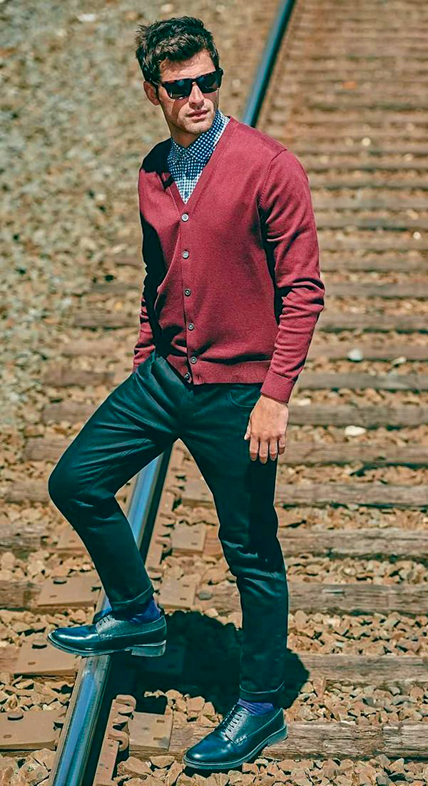 Red cardigan, dress shirt, and black jeans outfit