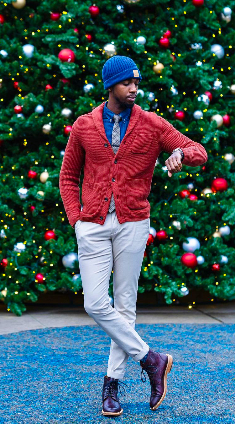 Red shawl cardigan, blue shirt, gray chinos, burgundy boots outfit