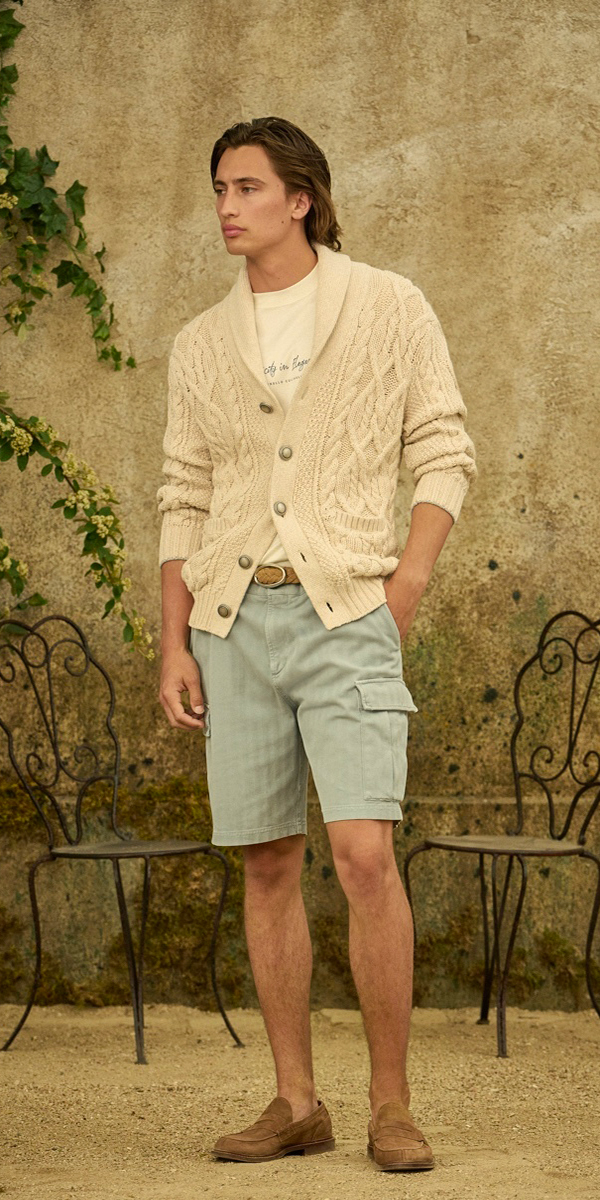 Shawl cardigan, crew neck t-shirt, shorts, and penny loafers outfit