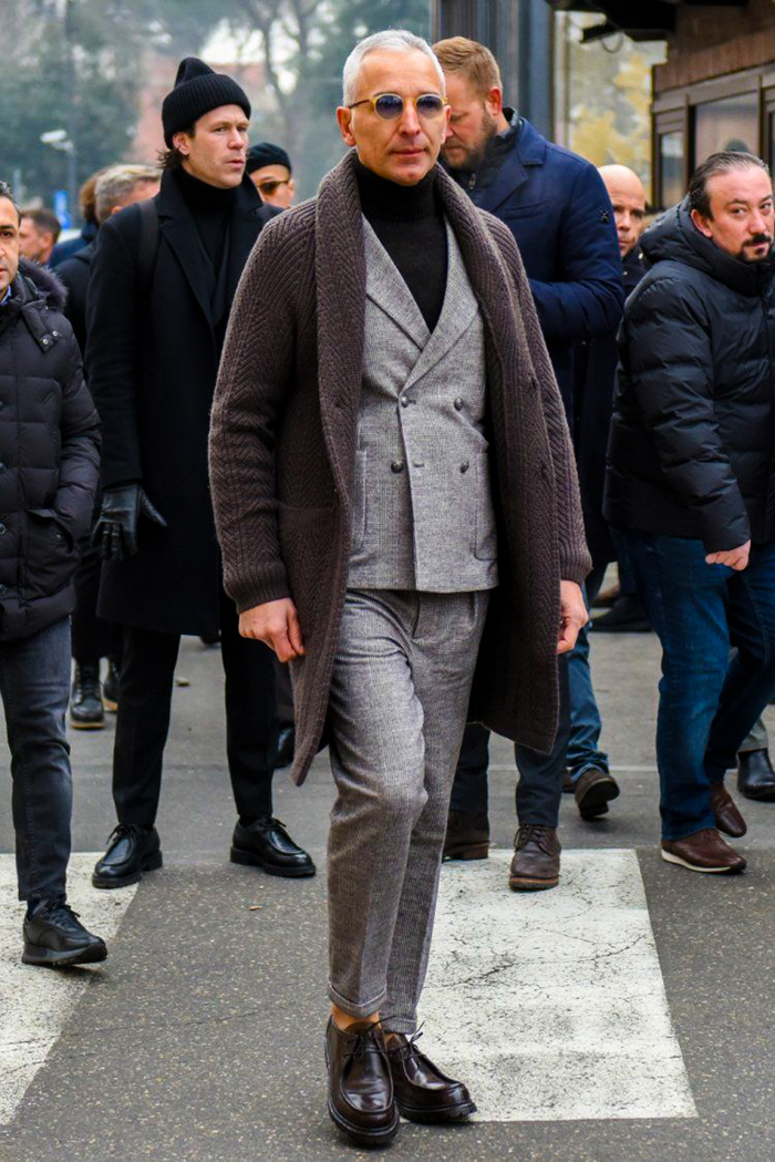 Shawl cardigan, gray suit, black turtleneck outfit