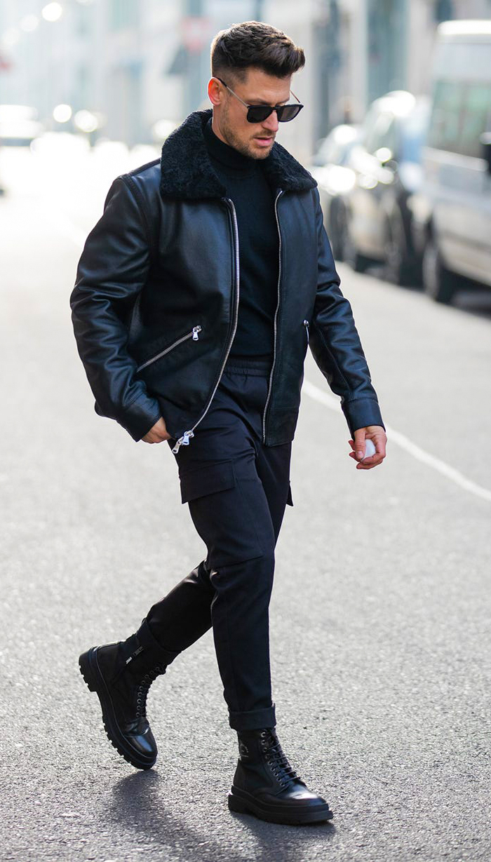 Shearling jacket, turtleneck, cargo pants, leather boots outfit