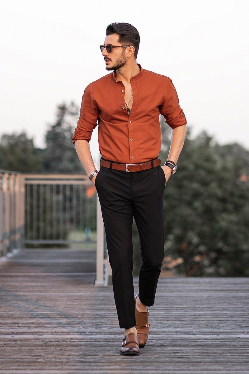 Tobacco long sleeve shirt, black chinos, and brown double monks outfit