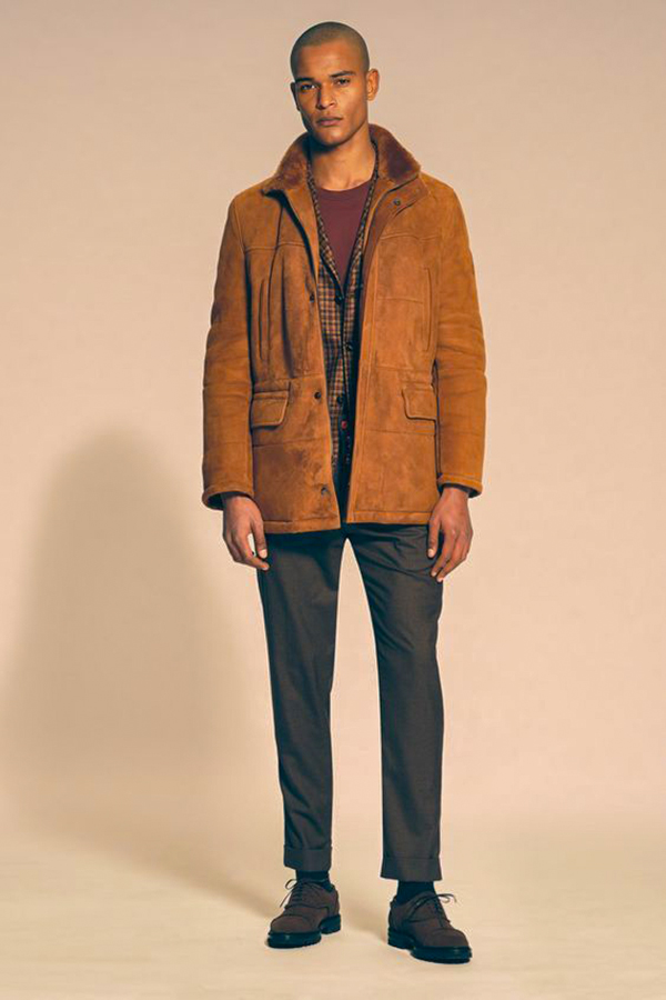 Tobacco shearling jacket, multi-colored gingham blazer, burgundy crew neck t-shirt, charcoal chinos, brown suede oxfords outfit