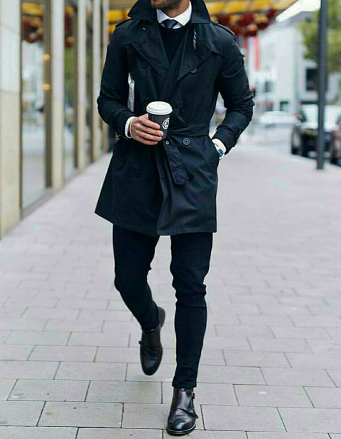 Trenchcoat, crew neck sweater, dress shirt, black jeans outfit