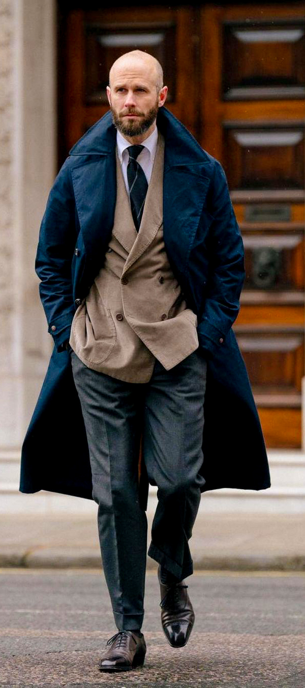 Trenchcoat with double-breasted blazer, dress shirt, black shoes outfit