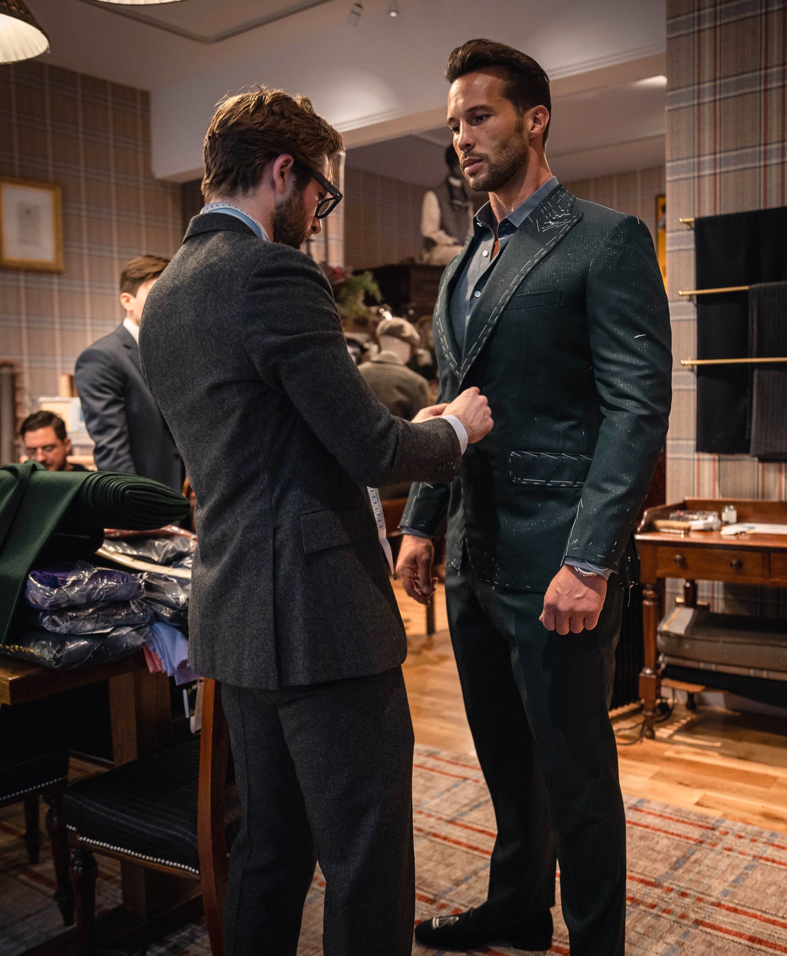 Tristan Tate tries a Huntsman bespoke suit on Savile Row