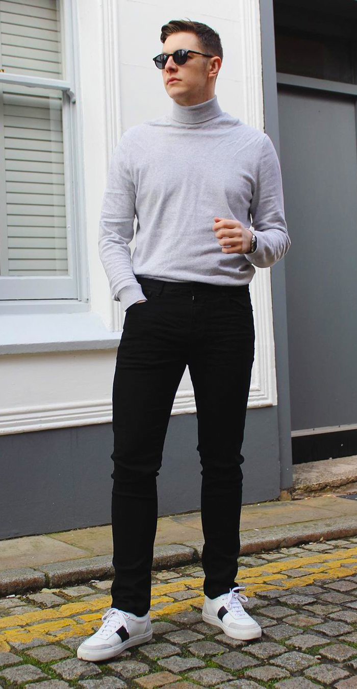 Gray turtleneck, black jeans, and low-top sneakers outfit