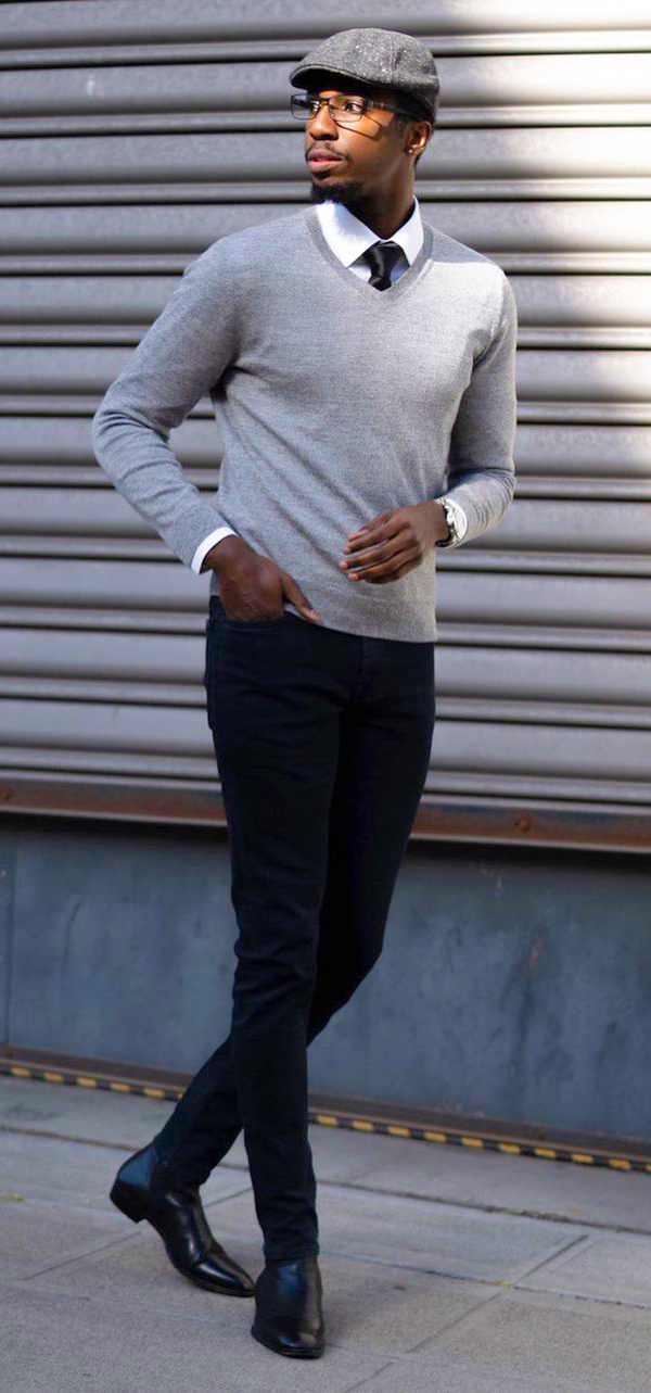 Gray v-neck sweater, white dress shirt, skinny black jeans, black leather Chelsea boots outfit