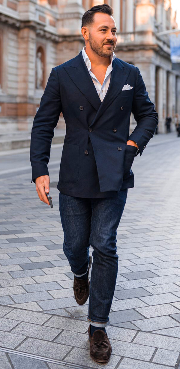 Wear loafers, double-breasted blazer, and denim jeans