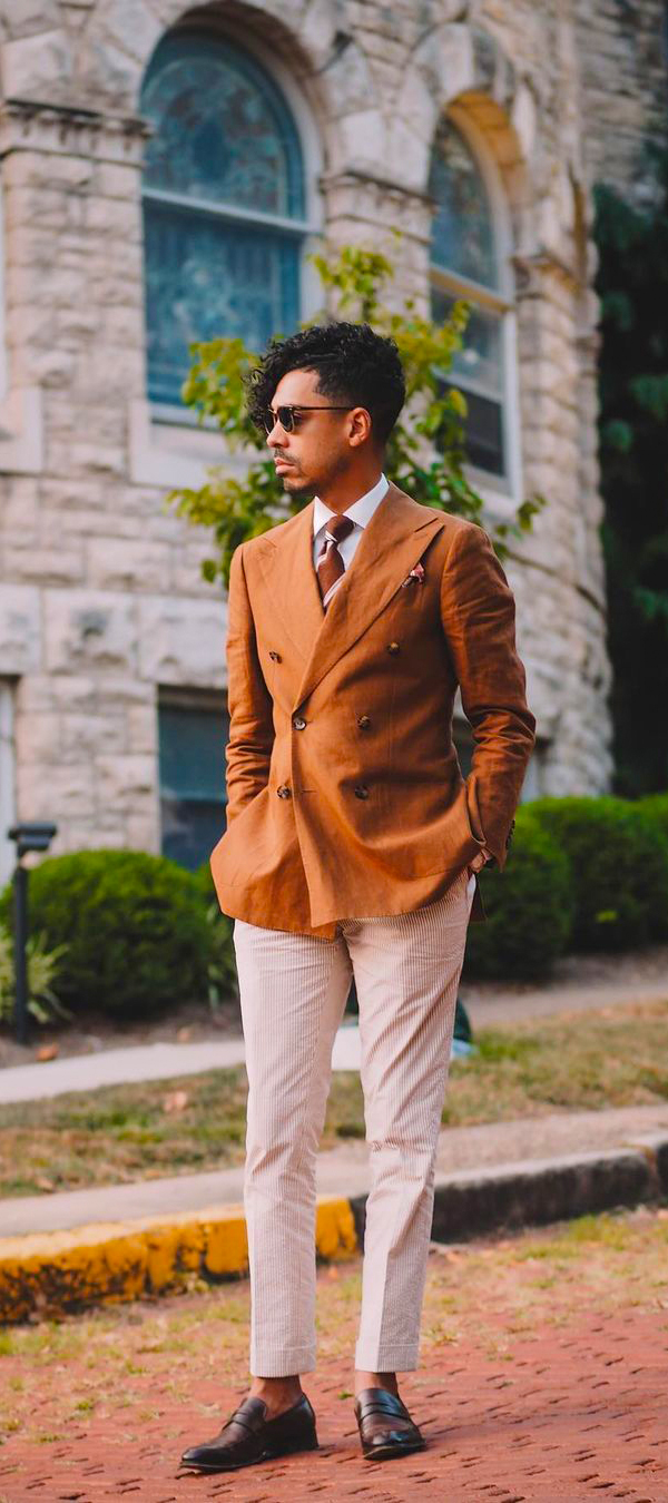 Double-breasted jacket with a shirt, chinos, and loafers outfit