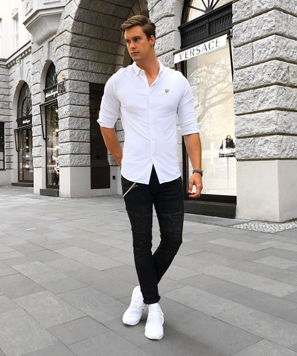 White dress shirt, black jeans, sneakers outfit