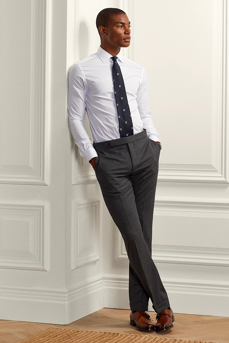 White dress shirt, black tie, charcoal gray trousers, and dark brown monk strap shoes outfit