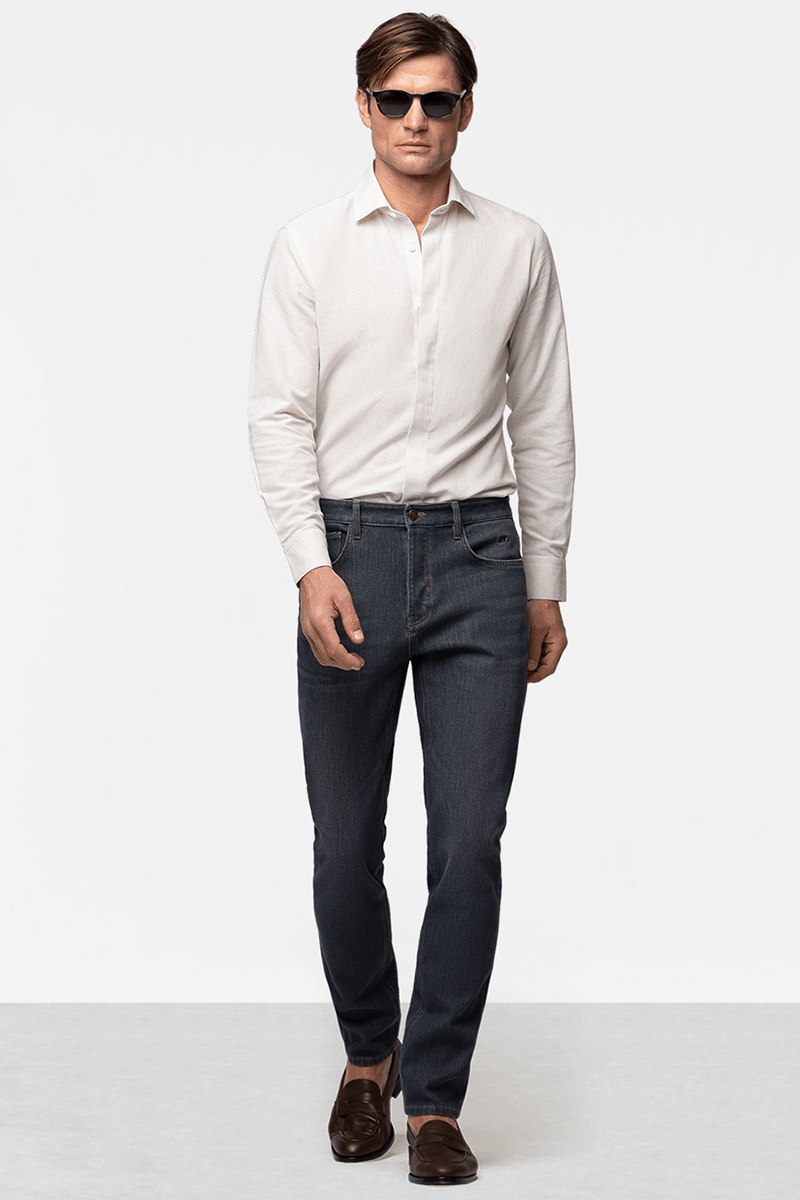 White dress shirt, gray jeans, and brown loafers outfit
