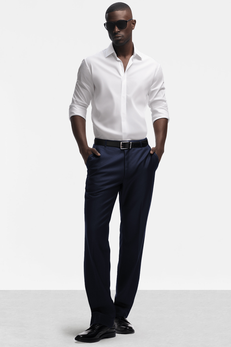 White dress shirt, navy dress pants, and black derby shoes outfit