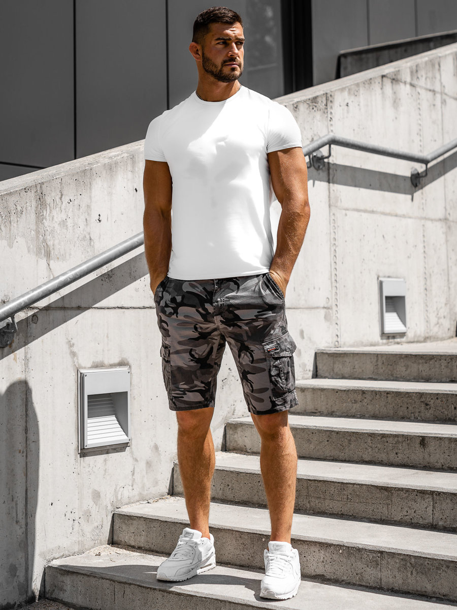 White t-shirt, gray cargo shorts, and white sneakers outfit