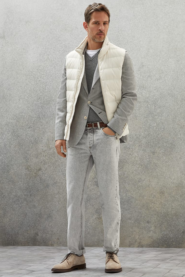 White vest, gray check blazer, gray v neck sweater, gray jeans, and beige suede derby shoes outfit